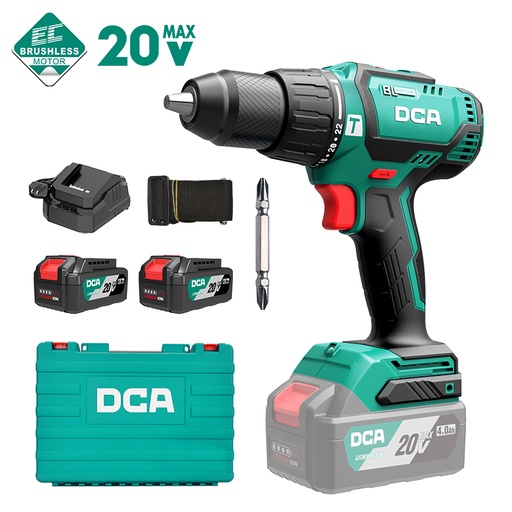 DCA 20V 13mm Cordless Brushless Hammer Drill 60nm Kit With 4.0Ah 2 Charger Altiven Power Tools